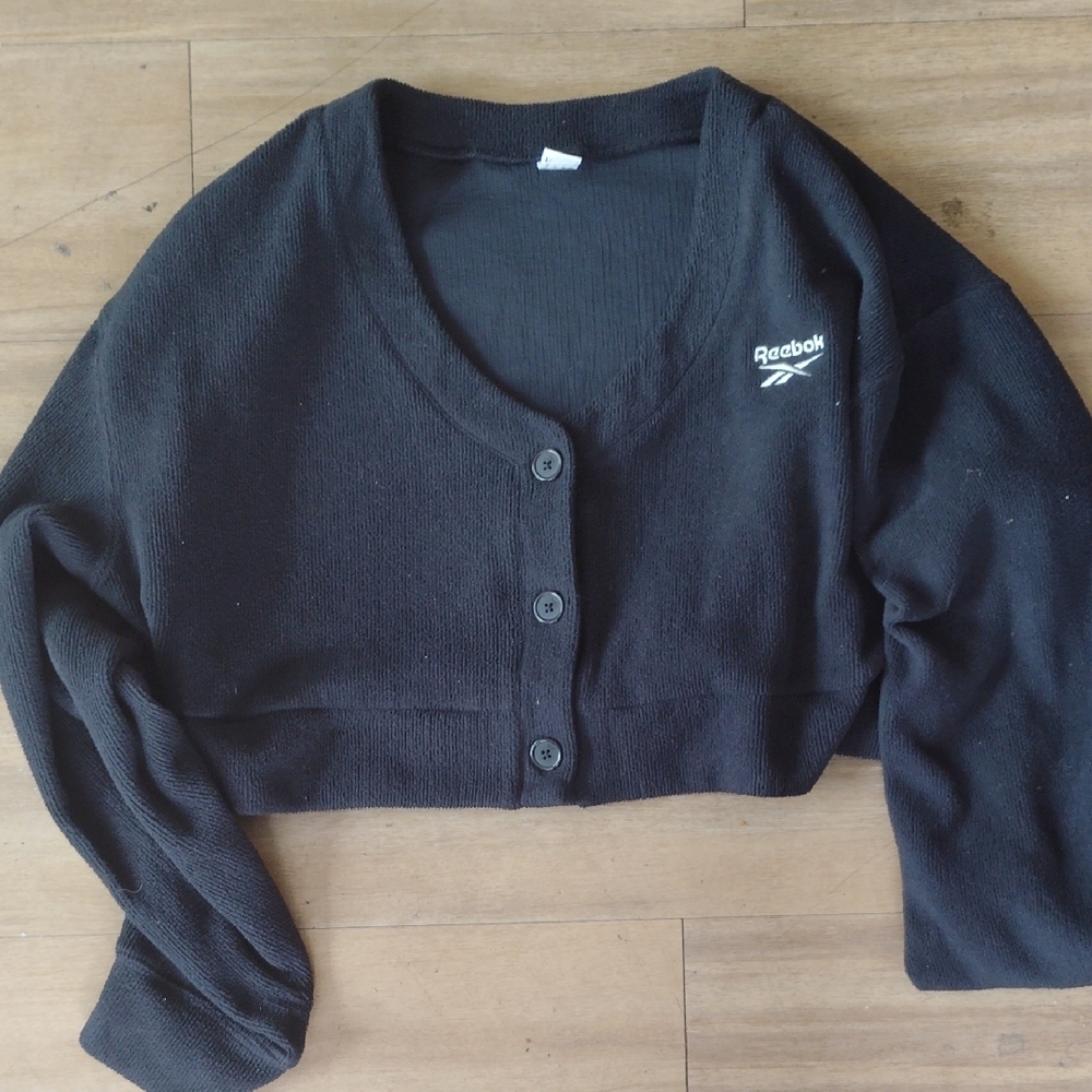 Reebok Black Cardigan Sweater Cropped Knit